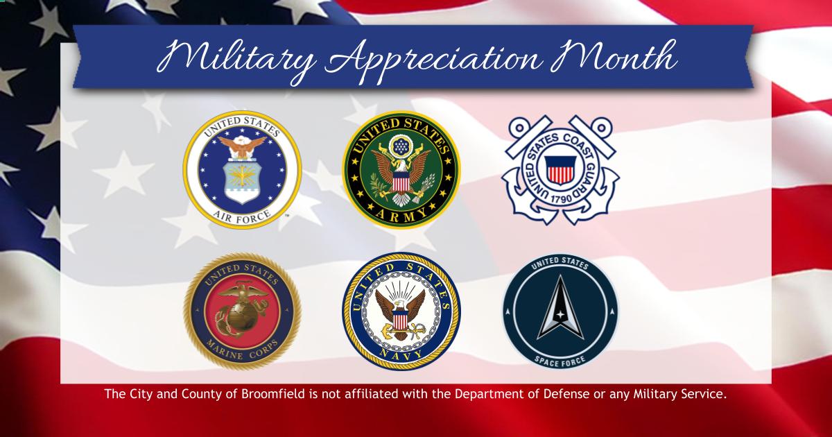 Military Appreciation Month featuring USA Flag with seals for the six branches of the Military. 