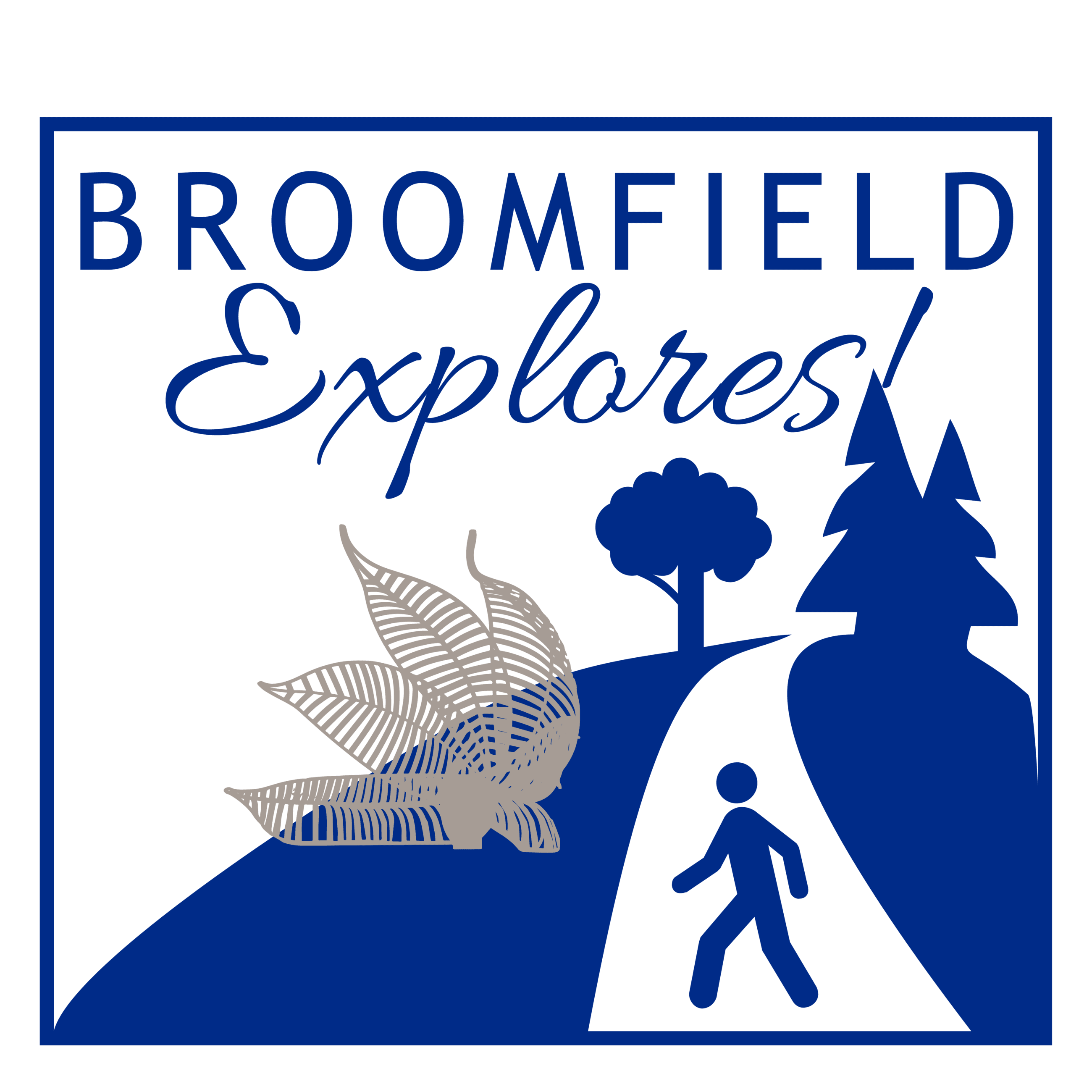 "Broomfield Explores" square icon with a person walking on a trail icon. 