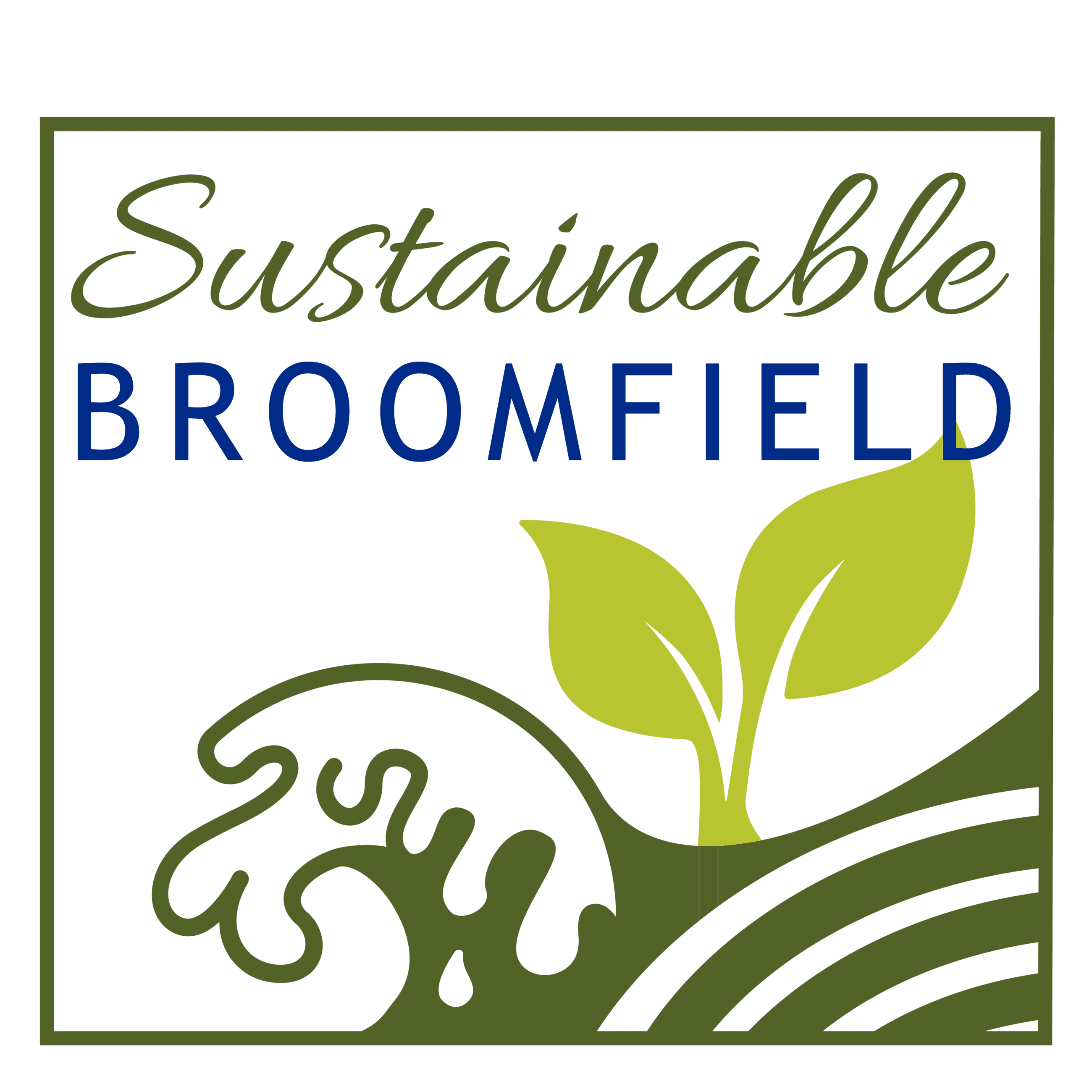 "Sustainable Broomfield" square icon with a wave and plant icon. 