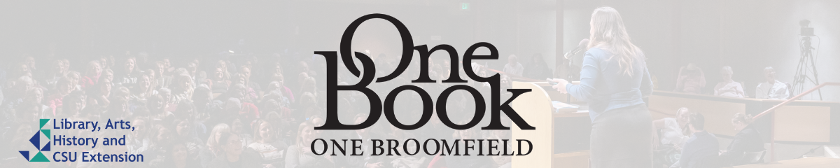 One Book One Broomfield (logo with image of author talk in the background)