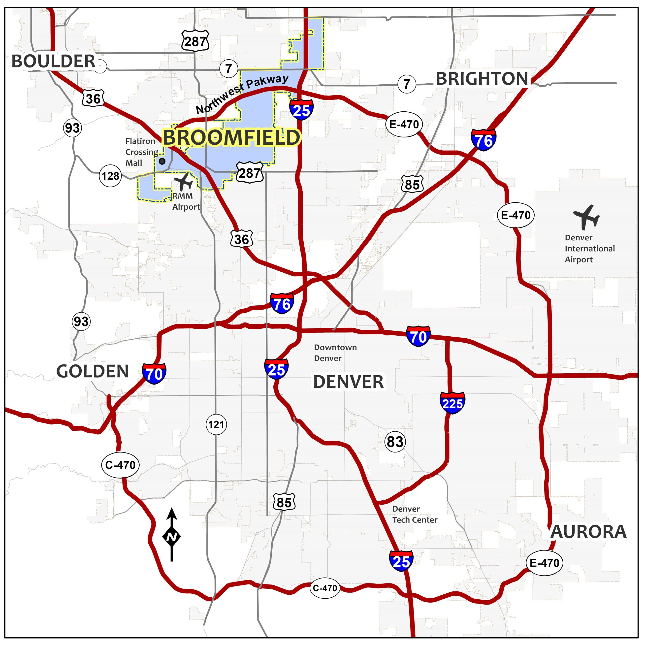 Map of Denver Metro area, highlighting Broomfield, Denver, Airports and Boulder
