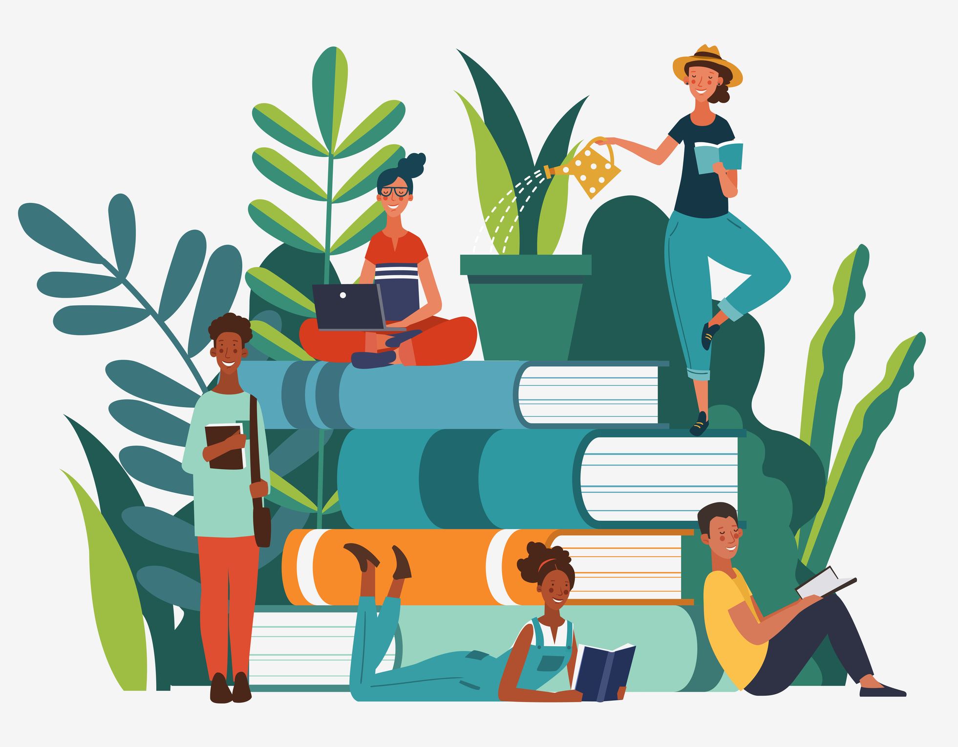 Illustration of people reading on top of stack of books surrounded by plants