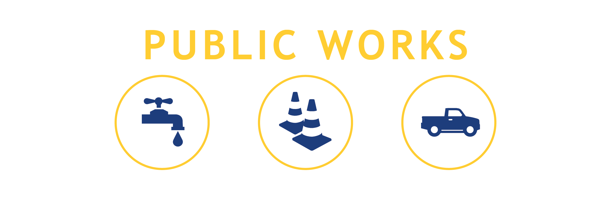 "public works" above clipart of water and road symbols