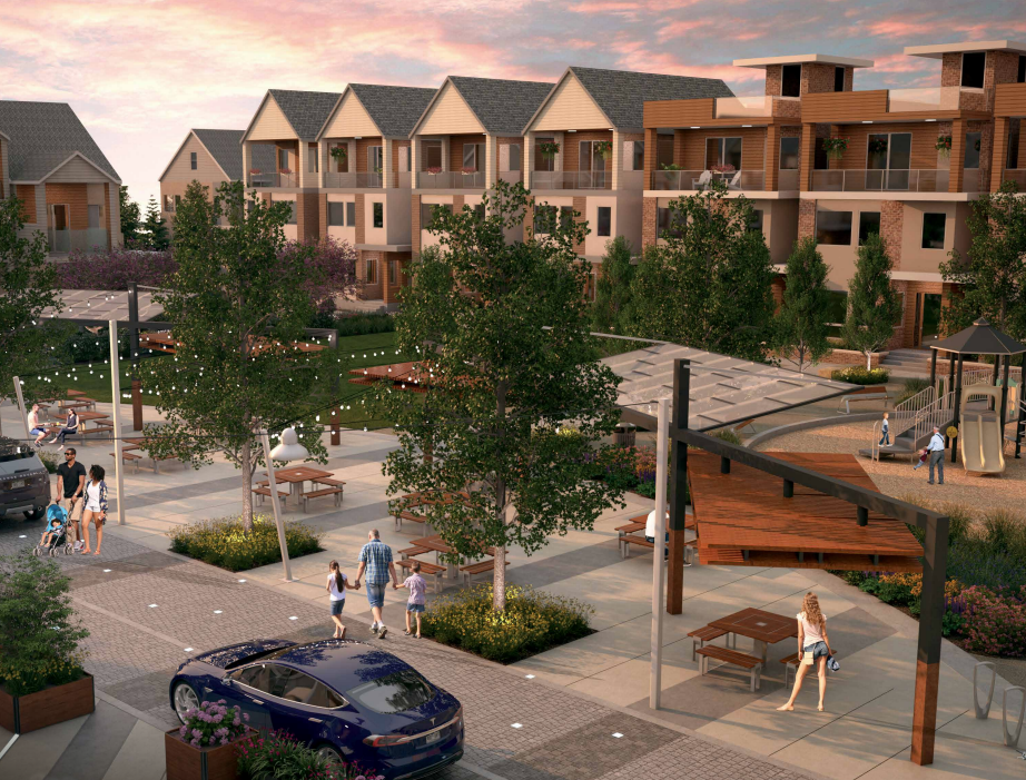 Rendering of homes and community space in the Baseline development