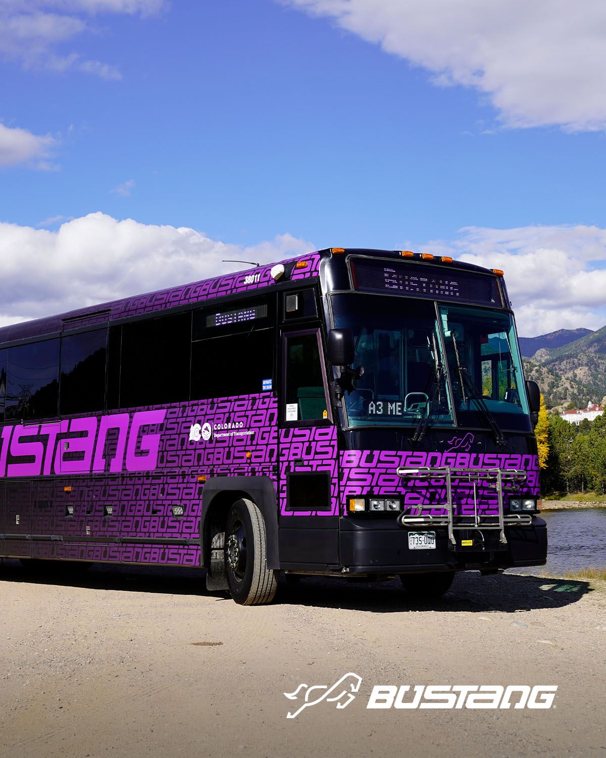 Bustang to Estes Park Image of Bus with Mountains